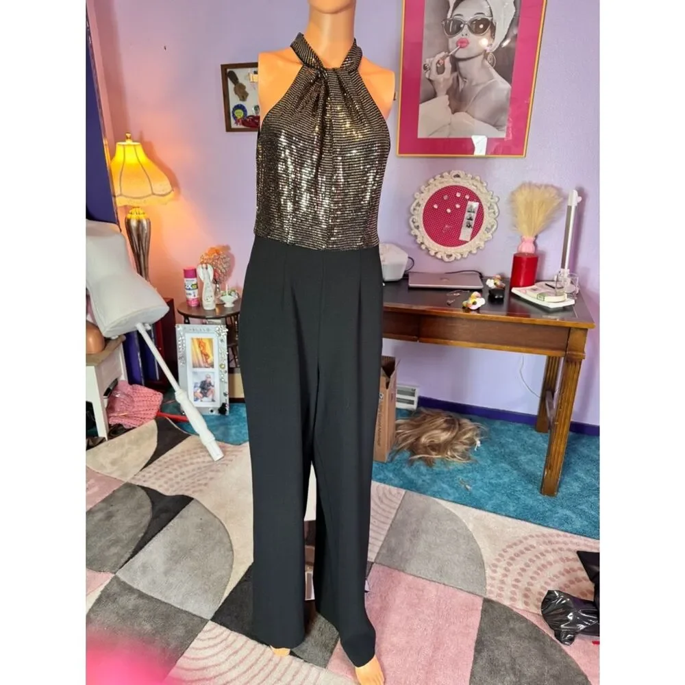 Sequin Halter Jumpsuit in Black and Bronze Gold - Picture 5 of 12